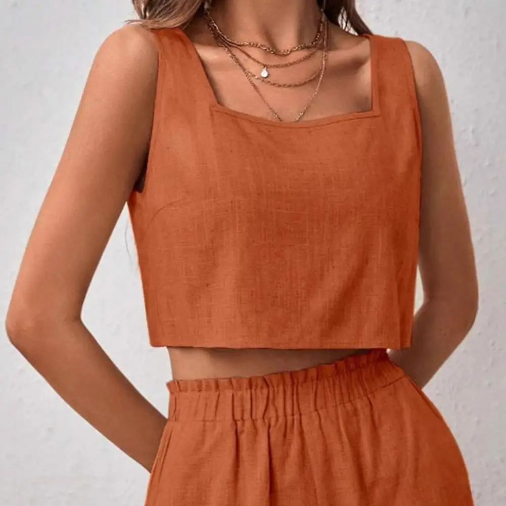Женский комплект из хлопка и льна без рукавов, шорты, новинка лета 2025 года, повседневные топы с открытой спиной, шорты с эластичной резинкой на талии и карманами, костюм из двух предметов