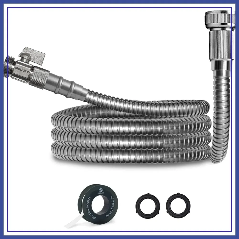 

3ft Stainless Steel Garden Hose with Brass ON/OFF Valve, Heavy Duty No-Kink, Crush & Puncture Resistant, Includes Teflon Tape & Washers