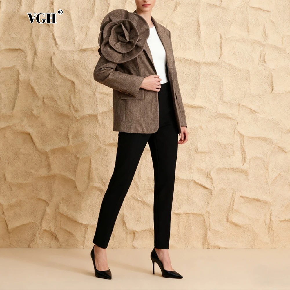 VGH Blazer stile applique da sera per donna Colletto dentellato Manica lunga Cappotto con bottone singolo impiombato Tendenza moda femminile