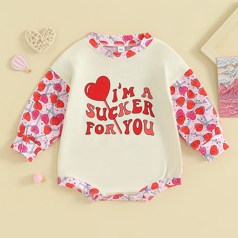 

2023-11-14 Lioraitiin 0-18M Baby Girls Valentine's Day Romper Letter Heart Lollipop Print O-Neck Long Sleeve Bubble Jumpsuit