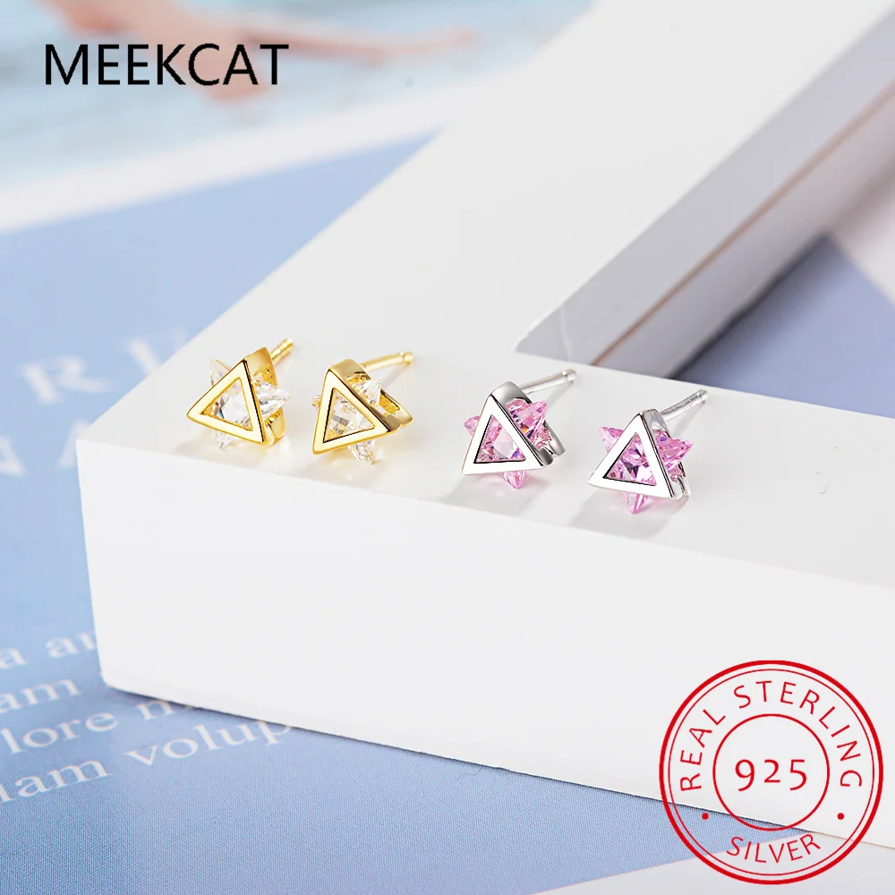 Triangle 1.3ct Created Pink Sapphire 925 Sterling Silver Stud Earrings for Women Gemstone Fine Jewelry Statement Gift