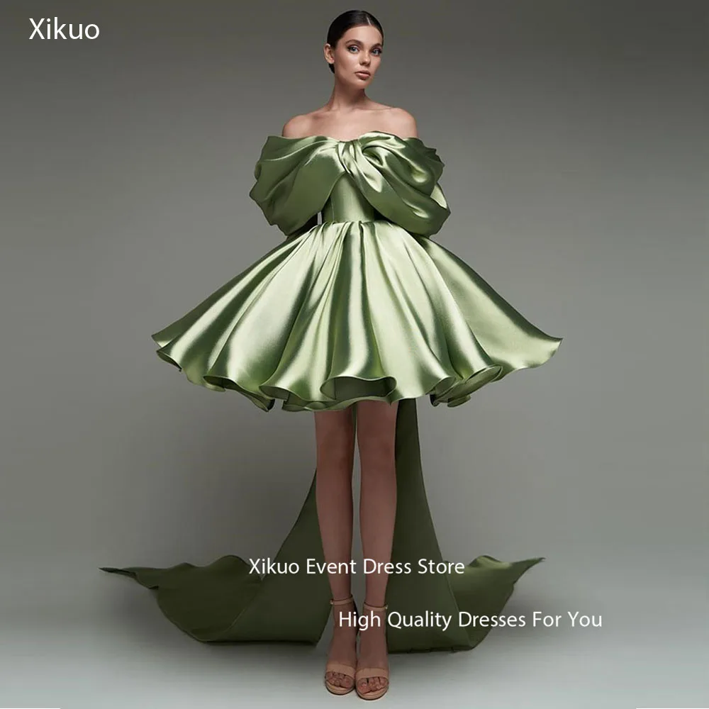 

Xikuo Sparkly Green Satin Prom Dresses Off The Shoulder Photo Shoot Short Evening Dress Graduation Dresses For Party Customized