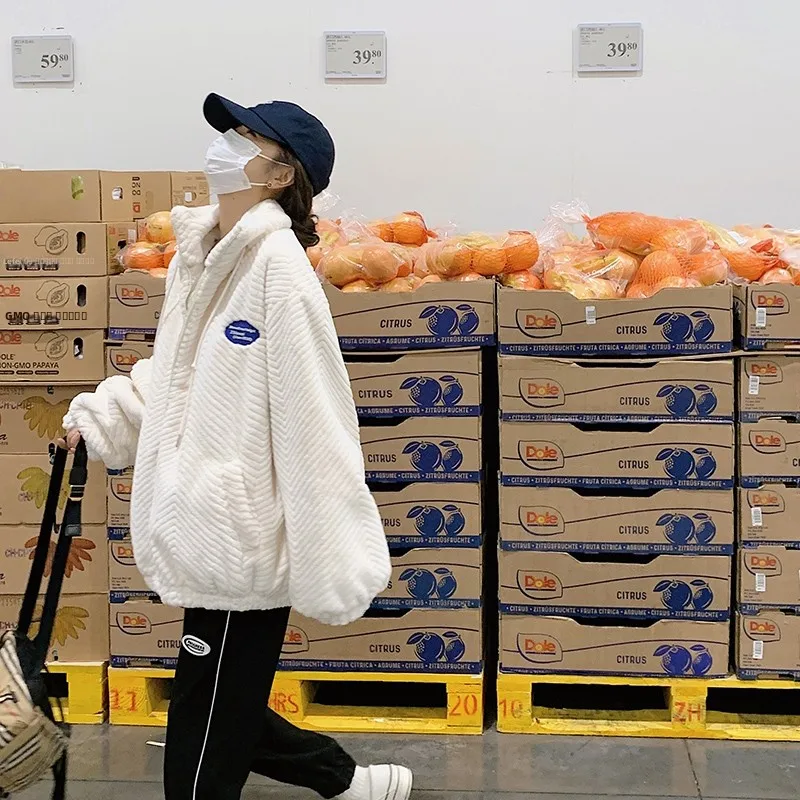 ラムファージャケット レディース 秋冬 サーマル プルオーバー フード付きスウェットシャツ ゆったり冬用コート スタンドカラー ジップアップ ロング丈