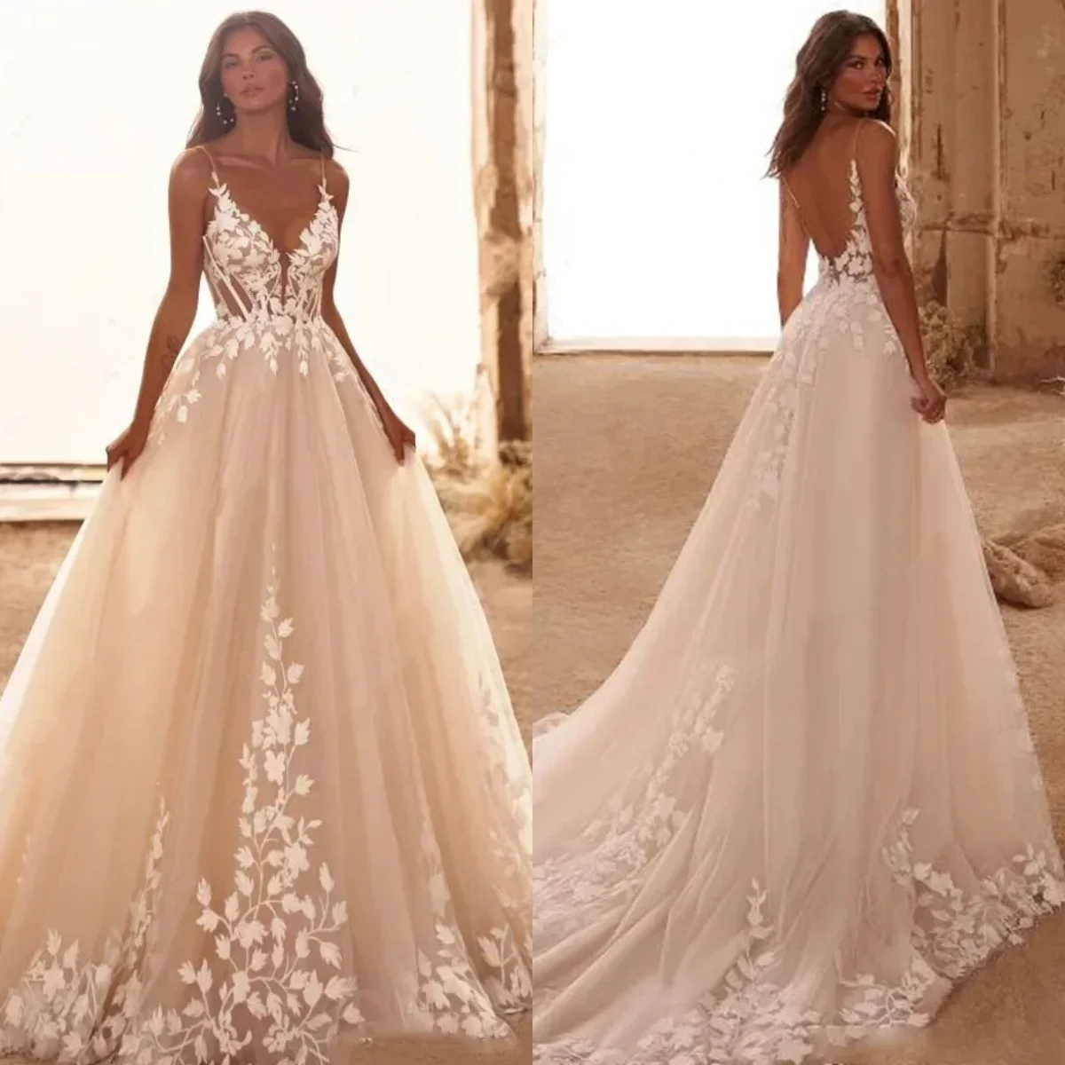

Sexy Ivory Wedding Dresses A Line Lace Appliqued Spaghetti V Neck Lace Appliqued Customized Bridal Gowns Bride Boho Vestidos