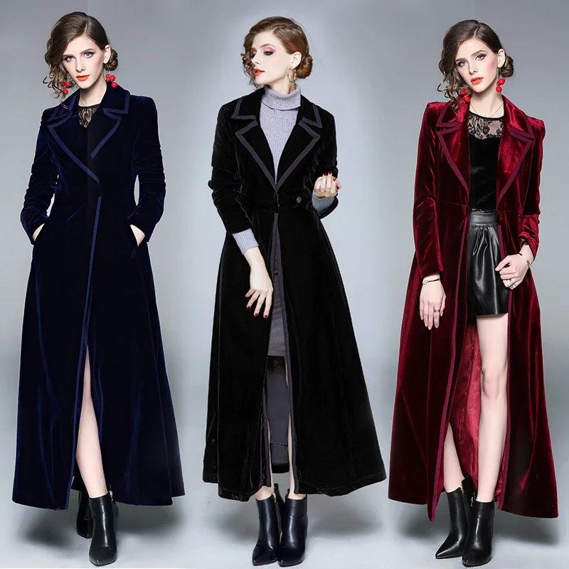 

2023 Pleuche Velvet Trench Coat Women Super Long Windbreaker Outerwear Autumn Winter Slim Elegant Female A-line Shape Overcoat