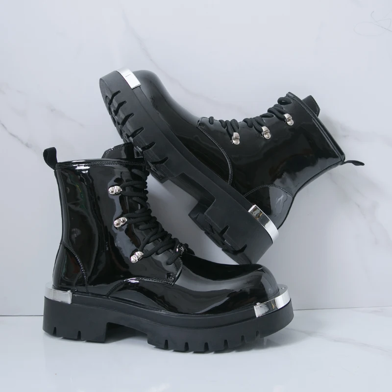 

Thick Soled Lace Up Side Zipper High Top Boots for Men Comfortable Fashionable Classic Black Formal Motorcycle Boots