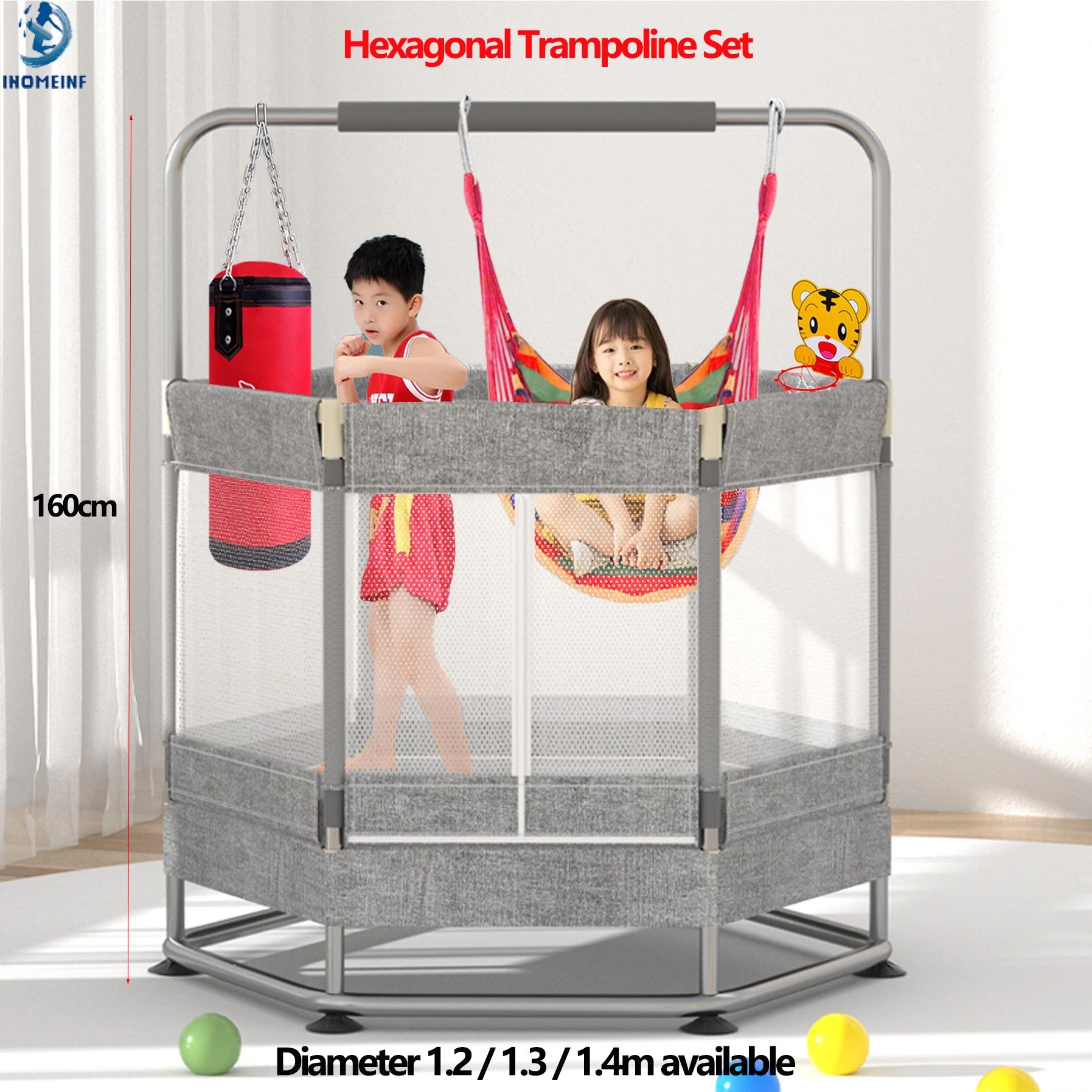 Multi-size Home Children's Indoor Jumping Bed with Guard Net Hexagonal Trampoline 360° Full Armrests Children's Gym Equipment