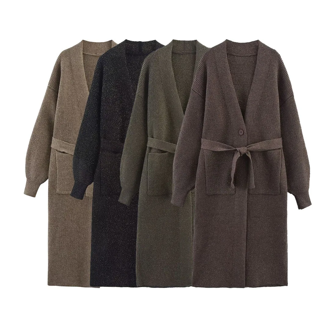

Autumn Winter 2025 Long Sleeve Knitted Open Cardigan Women's Faionable Knitted V Neck Button Belt Sweater Large Cardigan