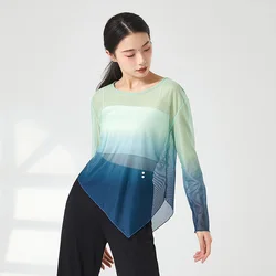 Women Classical Dance Outfits Top Mesh Tulle Shirt Gradient Color Irregular Hem Slim Crew Neck Blouse Modern Performance Clothes
