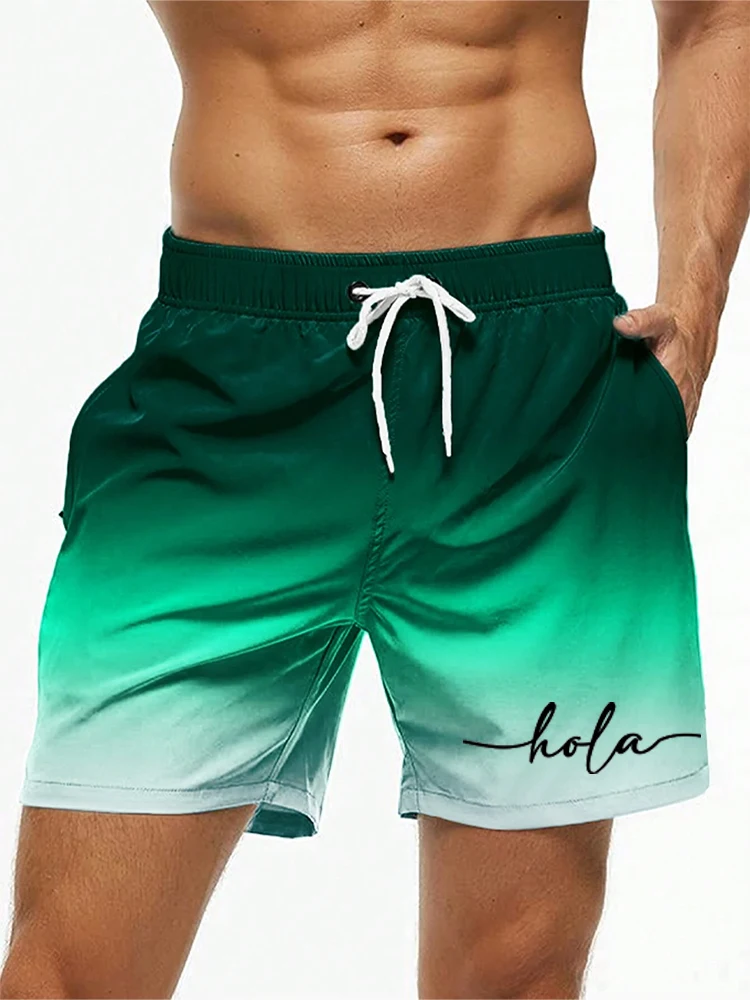 Fashion Letter Design Mens Print Shorts Summer Men's Swim Trunks Elastic Waist 3D Print ‘Hola’Graphics Gradient Breathable Short