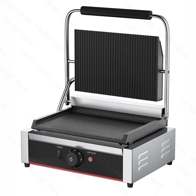 Commercial Electric Panini Press Grill Single Head Full Grooved Plates Sandwich Steak Griddle Machine