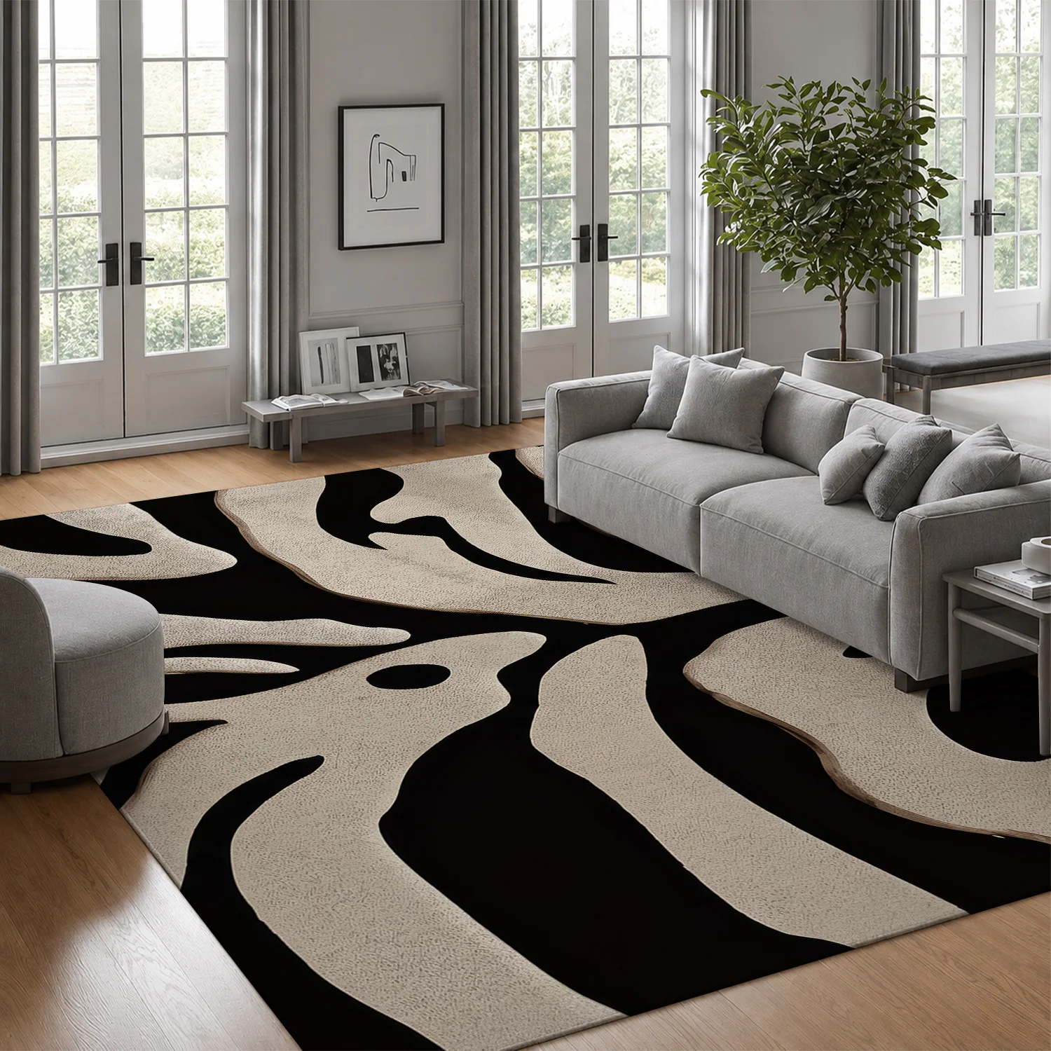 Large Indoor Area Rug, Soft Velvet Low Pile with Non-Slip Dotted Backing, Machine Washable, Black Beige Abstract Leaf Pattern Floor Rug for Living Room Bedroom