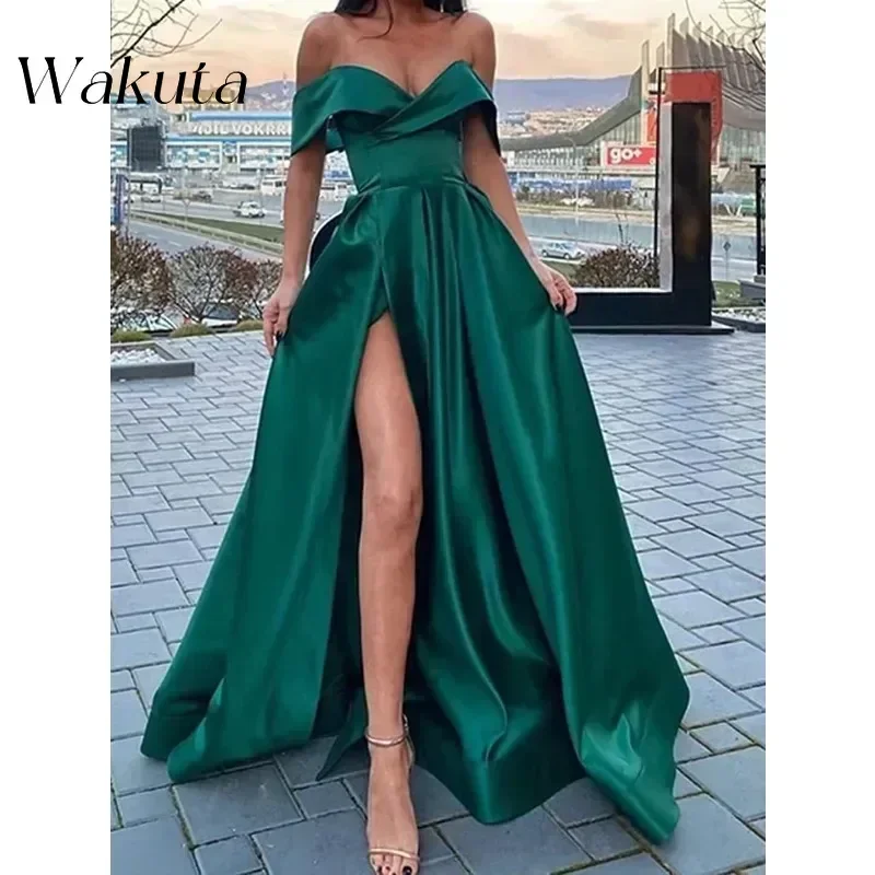 Wakuta Sexy Women's Off Shoulder Long Prom Dresses High Slit Backless Satin Formal Ball Gowns Evening Party Vestidos De Fiesta