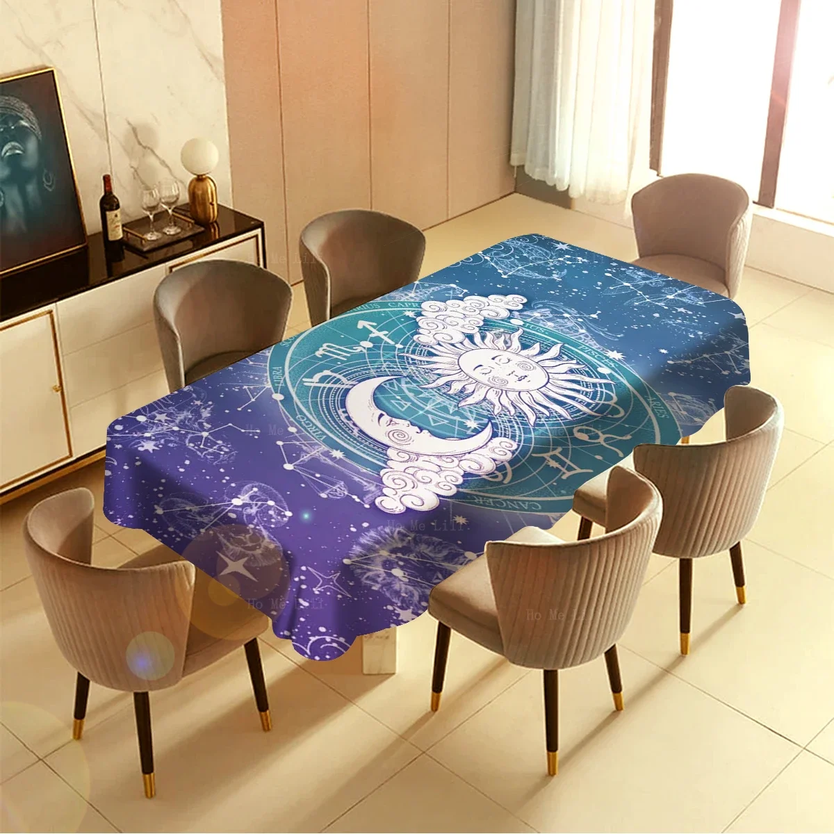 Universe Astrology Sun Moon And Rising Signs Pink And Blue Zodiac Old Cartoon Tablecloth By Ho Me Lili For Tabletop Decor