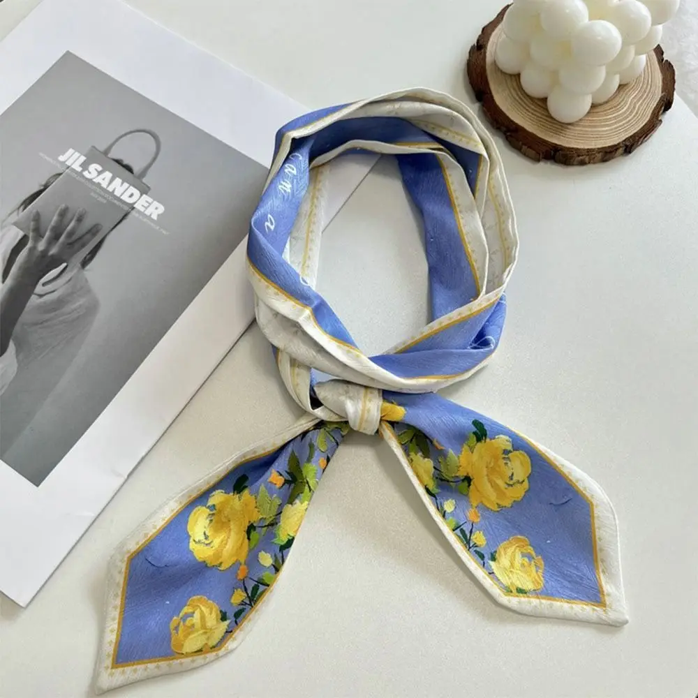 Trendy Versatile Satin Silk Ribbon Scarf Long Thin Narrow Bag Strap Fresh Floral Hair Tie for Women