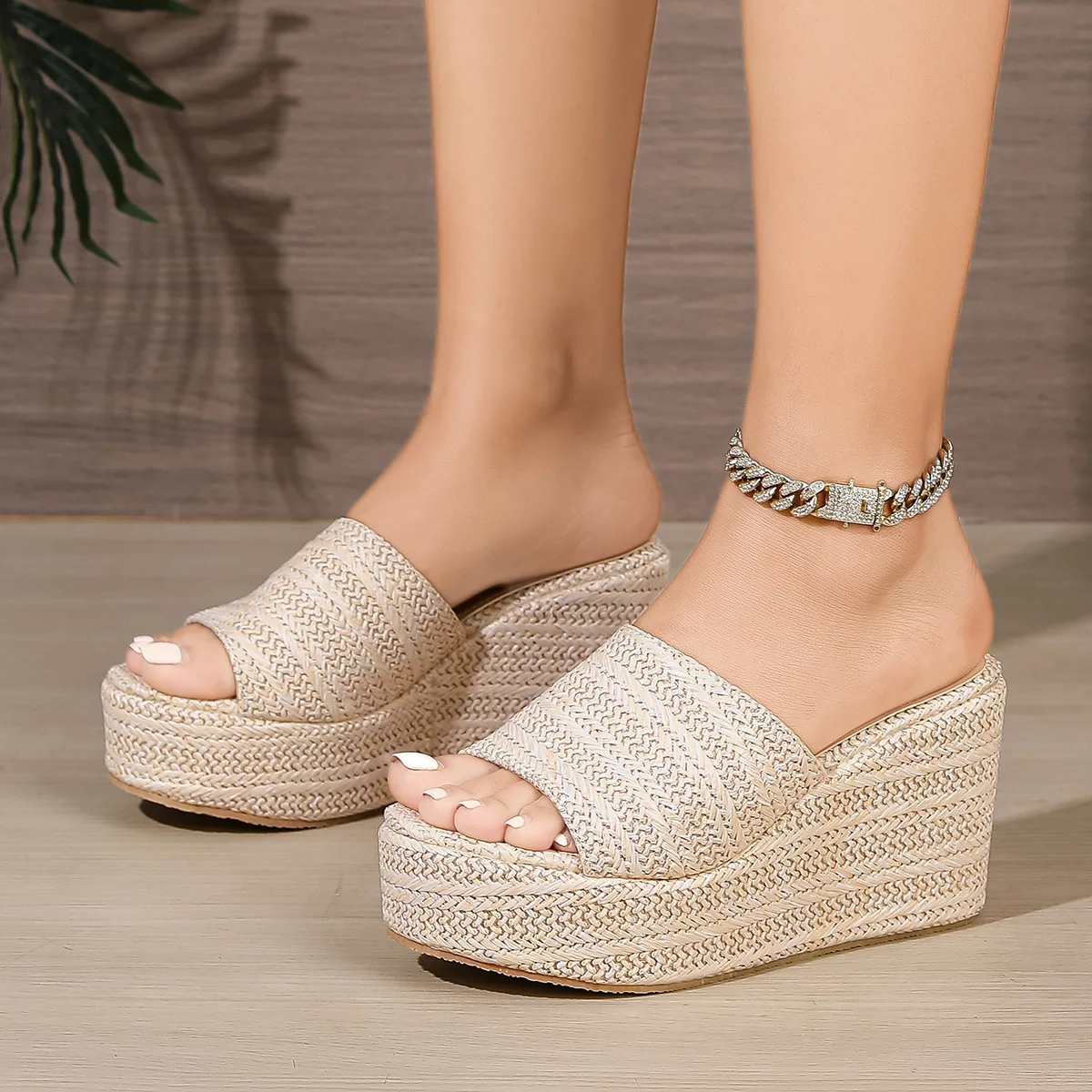 Ladies' Summer New High Heel Slippers Comfortable Slope Heel Sandals One Line Thick Bottom Slope Heel Grass Weaving Slippers