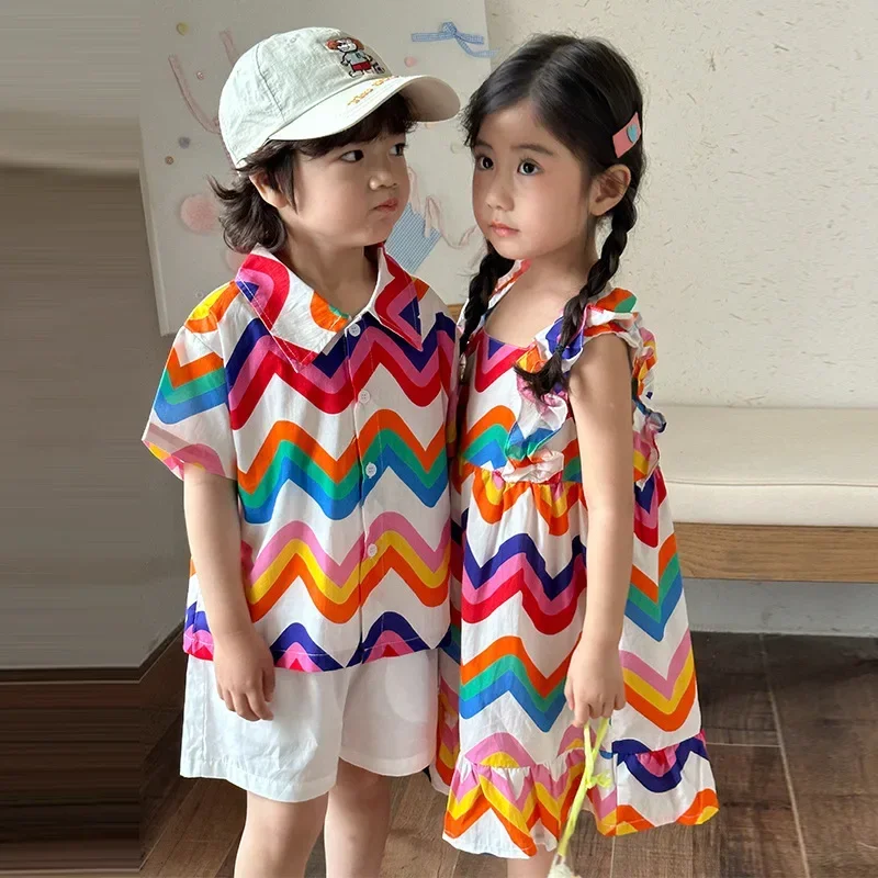 

2025 год, костюм-рубашка для маленьких мальчиков, праздничное платье для девочек, одежда для брата и сестры, комплект детской одежды, новинка лета