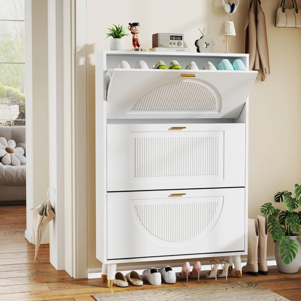 

Shoe Cabinet Storage for Entryway: Cabinet Shoe Rack Organizer, White Shoes Cabinets with 3 Flip Drawers