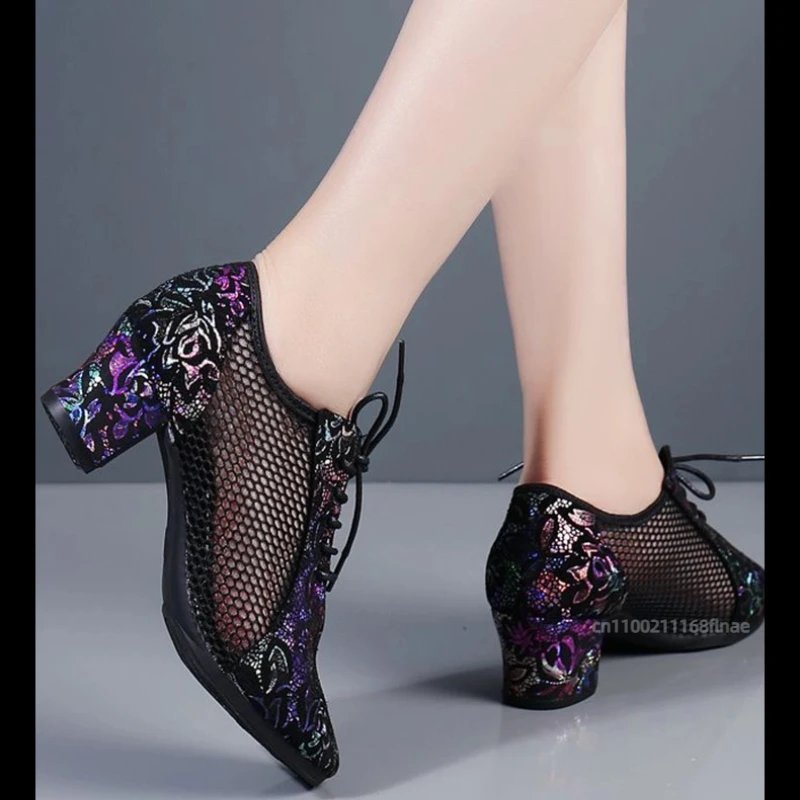 أحذية رقص للسيدات، أحذية رقص ملونة مضادة للانزلاق بكعب متوسط، أحذية رقص مريحة ومسامية للصيف