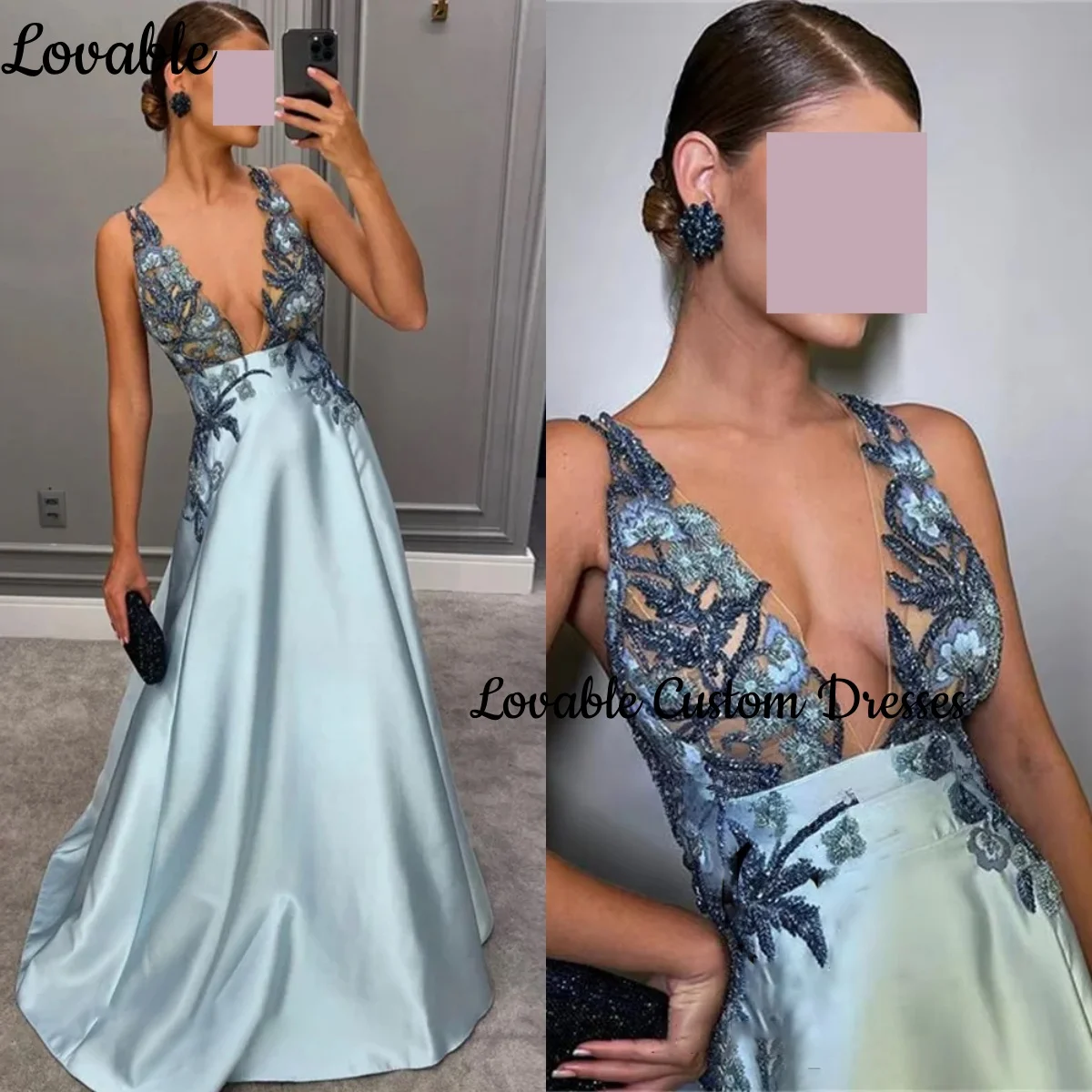 

Evening Dresses Customize A-Line Deep V-Neck Lace Floor-Length Dress Women Elegant Luxury Ruffle Zipper Up Sleeveless فستان حفلا