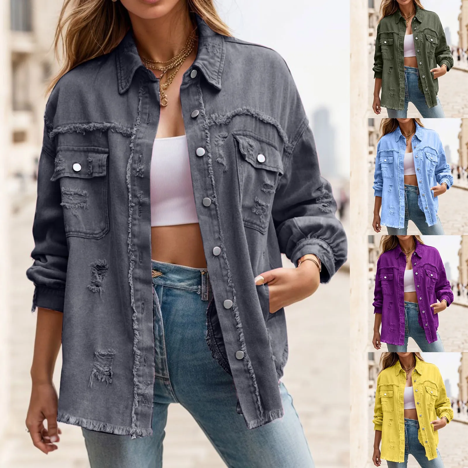 

Women's Trendy Ripped Oversized Denim Jacket Casual Long Boyfriend Distressed Denim Jacket Coat Women clothes Knitted top