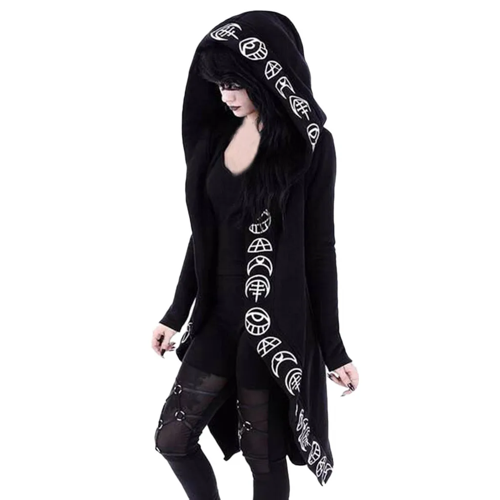 Autumn and Winter Women Long Sleeve Punk Moon Print Hooded Black Cardigan Jacket Coat Plus Size