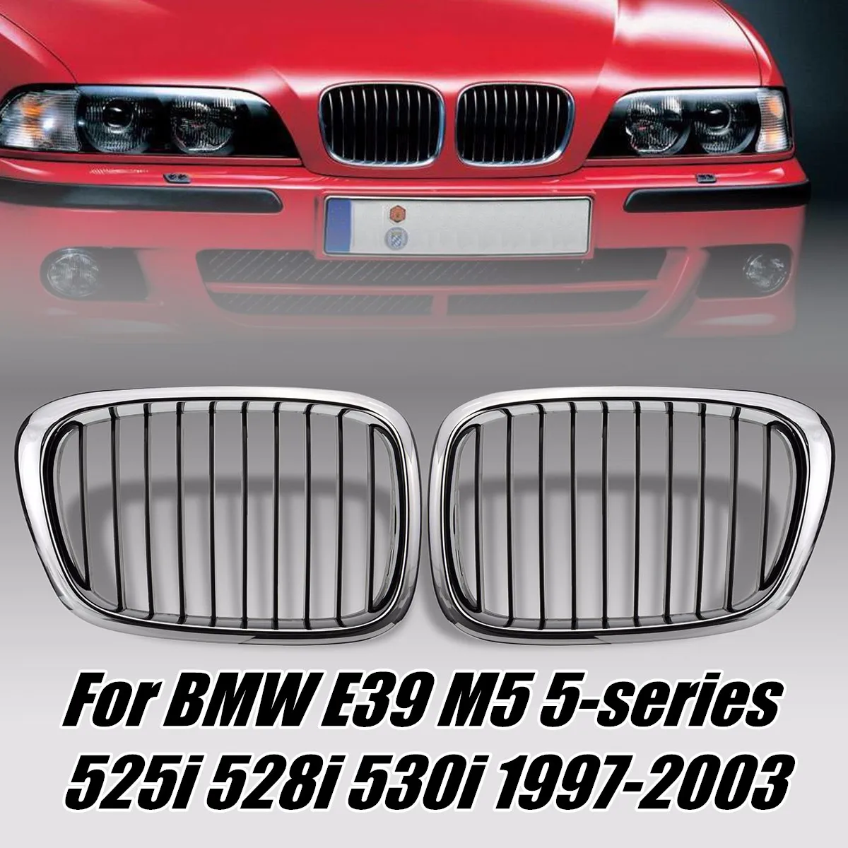 Pair Chrome Black Front Bumper Kidney Grill For BMW 5-Series E39 525 528 Sedan 1997 1998 1999 2000-2003 Front Hood Grille Grill