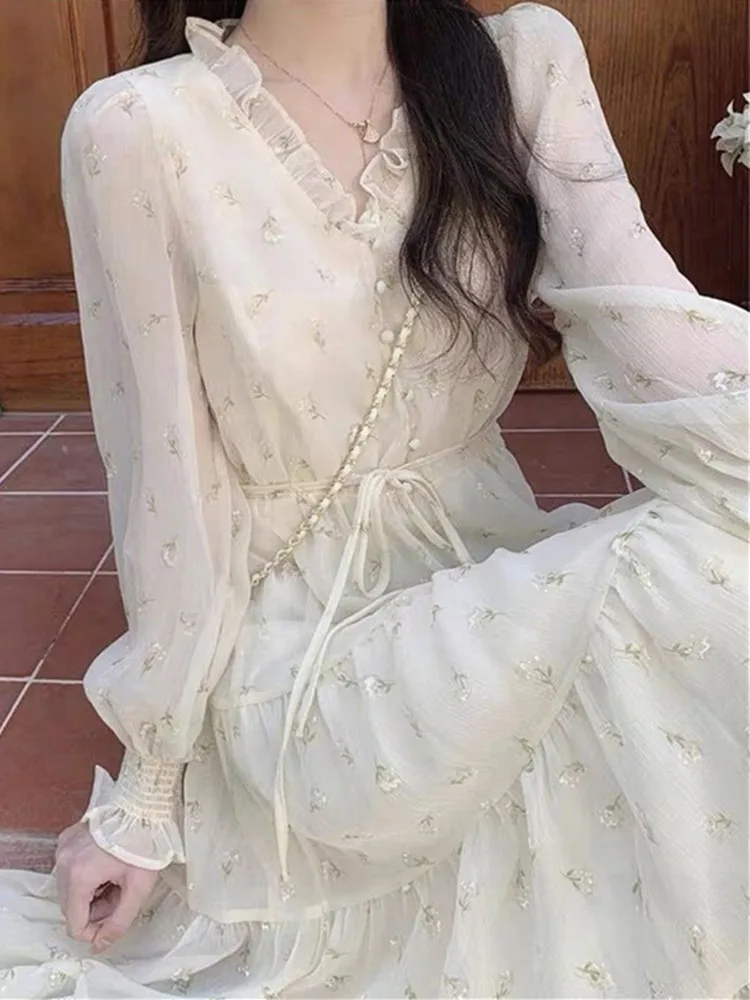 

Новая женская весенне-осенняя макси-платье с цветочным принтом, приталенная, в корейском стиле, с длинными рукавами, для похудения и коррекции фигуры