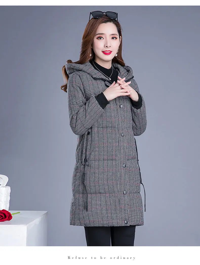 Houndstooth Down Cotton Coat Womens Clothing 2024 New Winter Jacket Hooded Parkas Loose Thick Padded Coat Female Long Outerwear