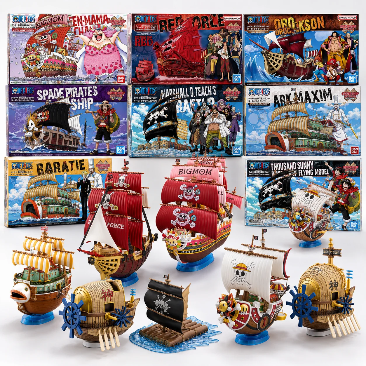 Bandai One Piece Grand Ship Collection Going Merry Marine Moby Dick Law Submarine Red Force Figura de Acción de Anime, Kit de Modelo, Juguete