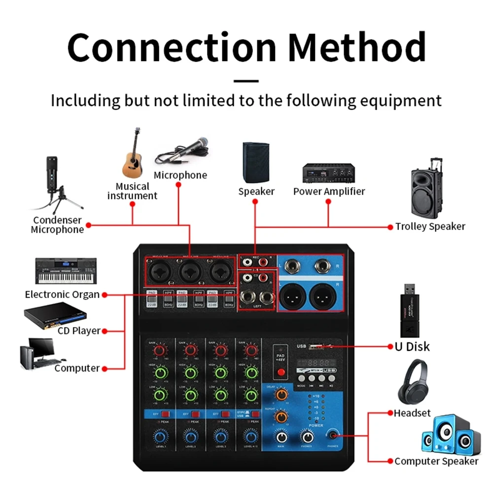 Mixer 5-way computer recording driver-free sound card live home stage Bluetooth USB DJmixer mixer