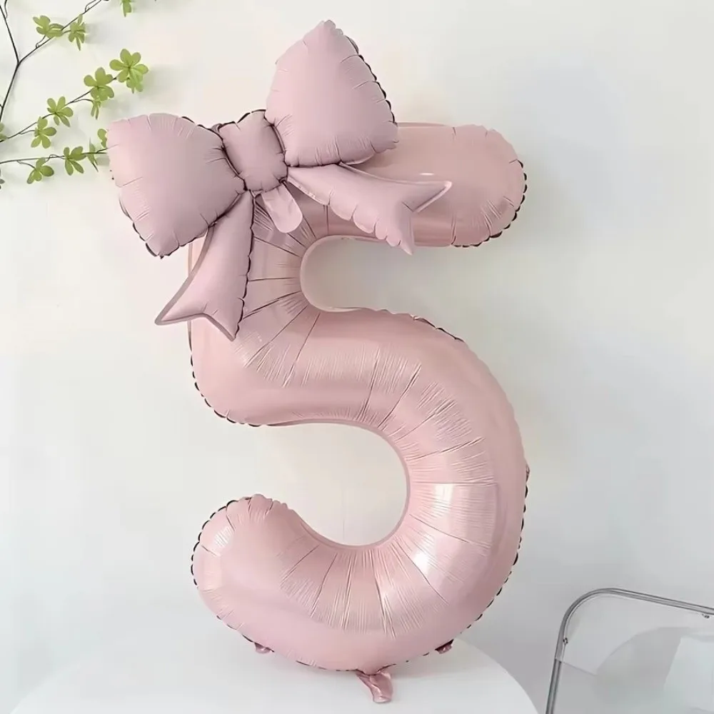 Large 40 Inch Number Digital 0-9 Balloon with Bowknot Anniversary Decoration Foil Balloons Cream Pink Birthday Party Balloons