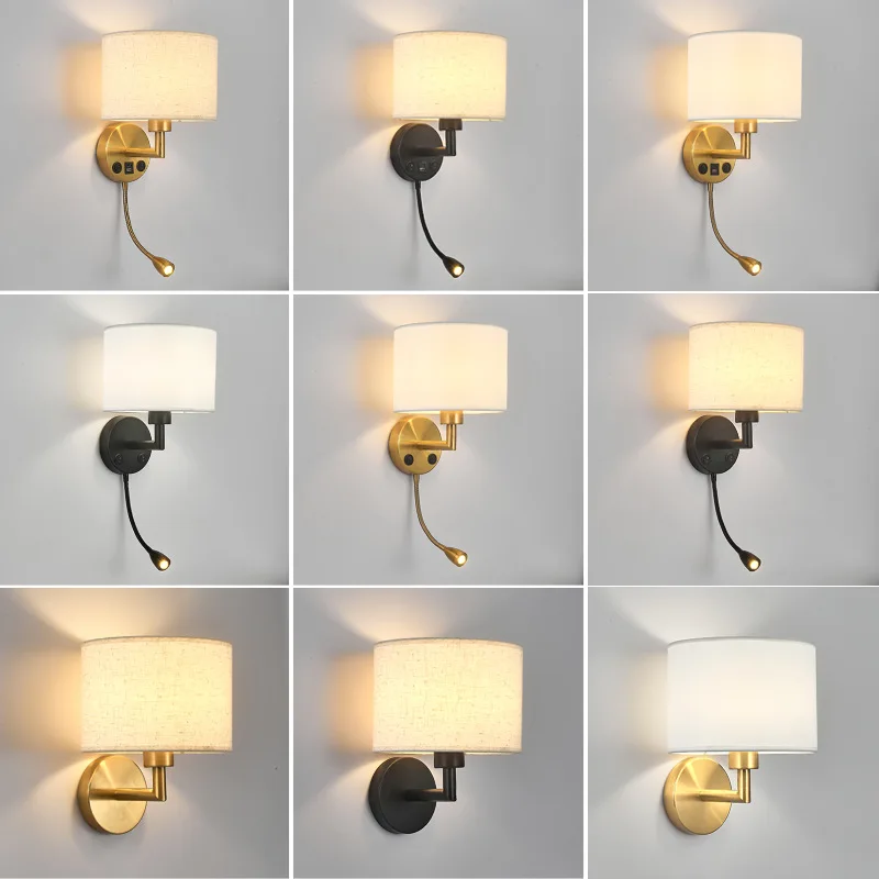 Bedside Wall Lamp with Rotation Spotlight Modern Fabric Lampshade Reading Wall Light Sconce for Bedroom Home Decoration LED E27