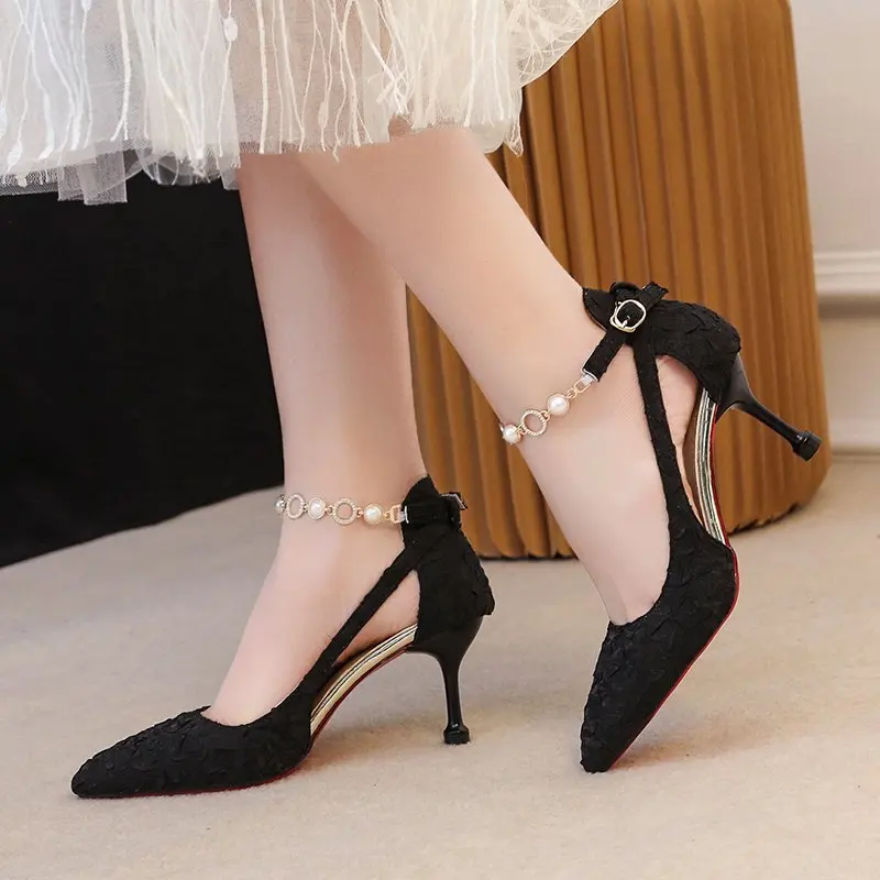 2022 New Spring and Summer Women's Fashion Pointed Kitten Heel Ankle Strap High Heels Banquet Sexy Elegant Women's Sandals