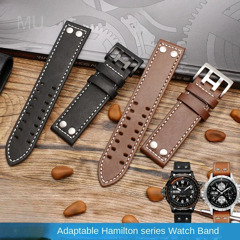 Durable Wear-Resistant Genuine Cowhide Leather Watchbands for Hamilton H760250 Khaki Aviation Waterproof Strap 20 22mm