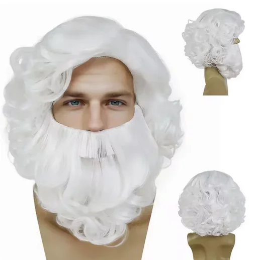 Conjuntos de barba e peruca de feiticeiro sintético curto cinza velho encaracolado peruca traje zeus cosplay terno cinza para homens carnaval festa de natal