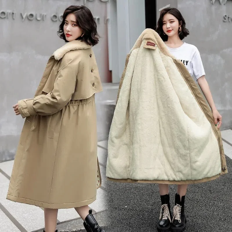 2023 New Women's Winter Coats Korean Loose Mid-Long Plus Velvet Windbreaker Thick Padded Jacket Tooling Jacket Parkas