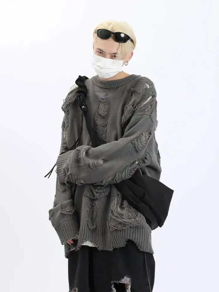 Man Sweater Distressed Hollow Out Reversible Knit Jacket For Men Subculture Style Heavy Duty Lazy Style Two Piece Sweater