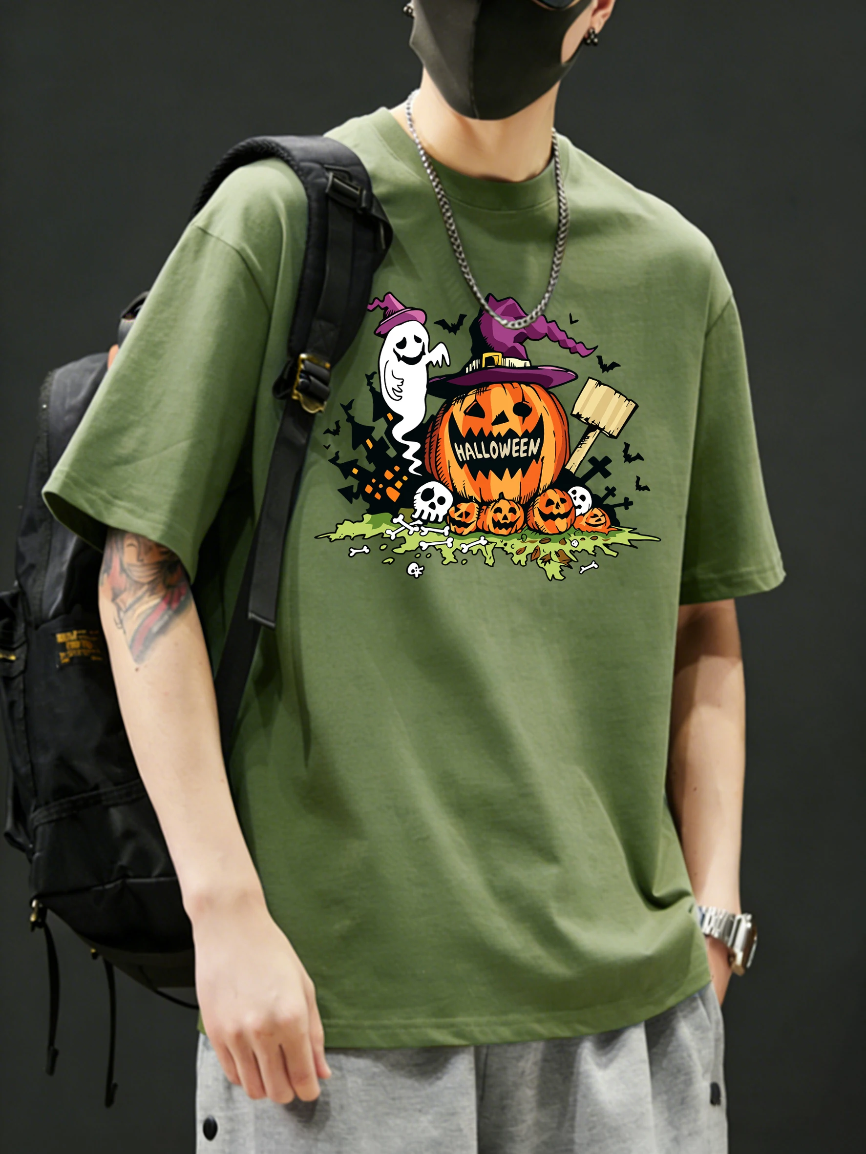 Halloween Graveyard Pumpkin Prints Casual Fashion T Shirt Mens Cotton All-Match T-Shirt Loose Summer Clothes O-Neck Short Sleeve