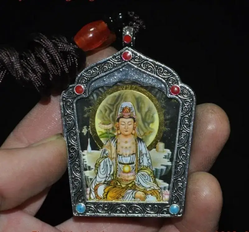 

Китай Тибетское серебро Инкрустация драгоценным камнем Гуань-Инь Гуаньинь статуя Тханка амулет Подвеска статуя