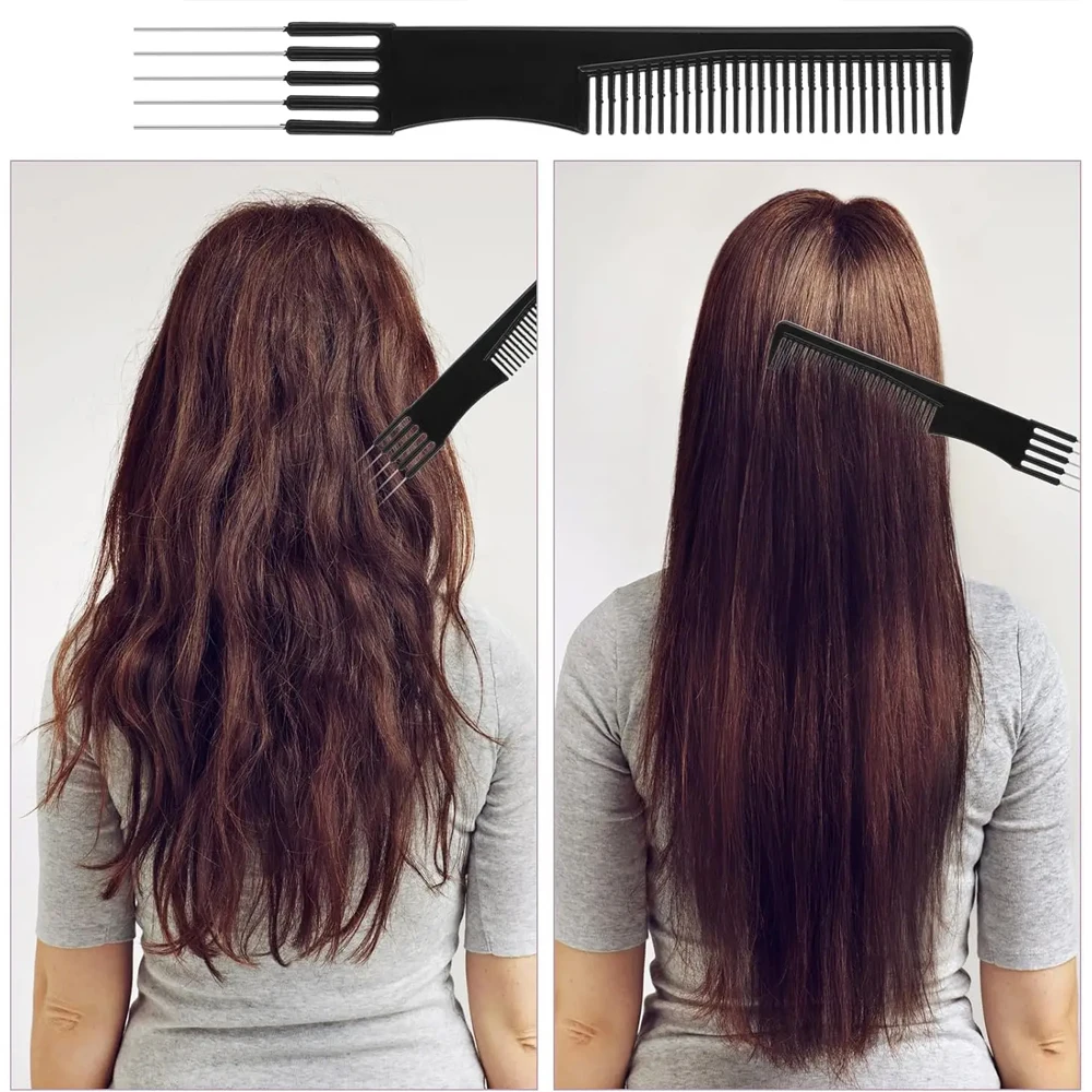 1/2/3/5 แพ็คคาร์บอนยกหวีล้อด้วยง่ามโลหะ, หวีเลือกผมสําหรับผู้หญิงจัดแต่งทรงผม (สีดํา)