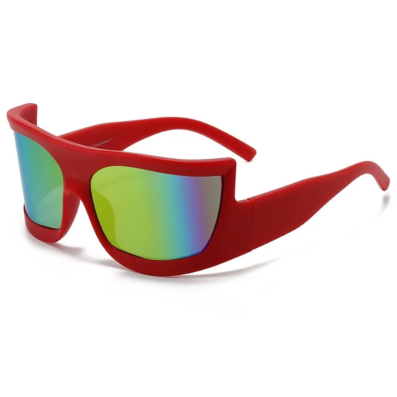 Y2K Oversized One Piece Sunglasses Women Red Frame Rainbow Mirror Lens UV400 INS Trendy Futuristic Shades Streetwear Sun Glasses