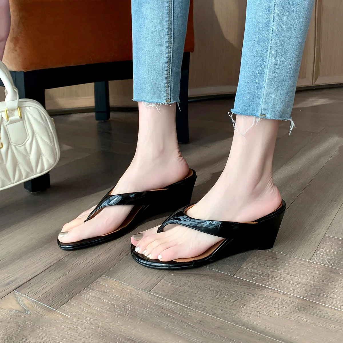

Summer black cowhide Pinch toe Wedge Slippers Round toe Pull-on High-heeled Flip-flops Large size Fashion slippers