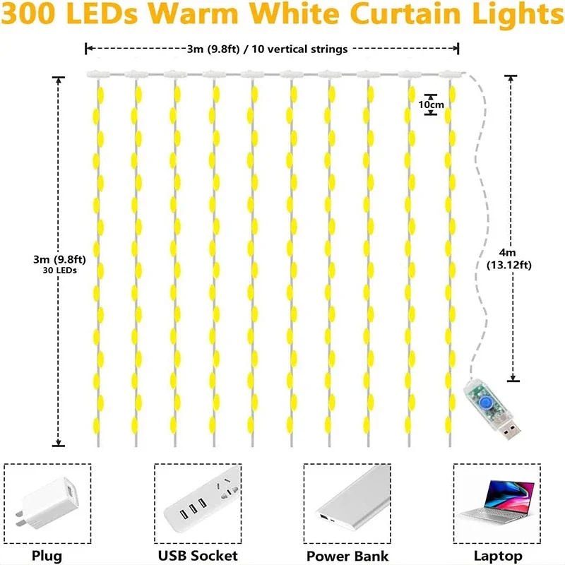 ไฟราวม่านพวงดอกไม้ LED แบบ USB 8โหมดตกแต่งคริสต์มาสเทศกาลวันหยุดสำหรับกลางแจ้งในบ้านห้องนอน