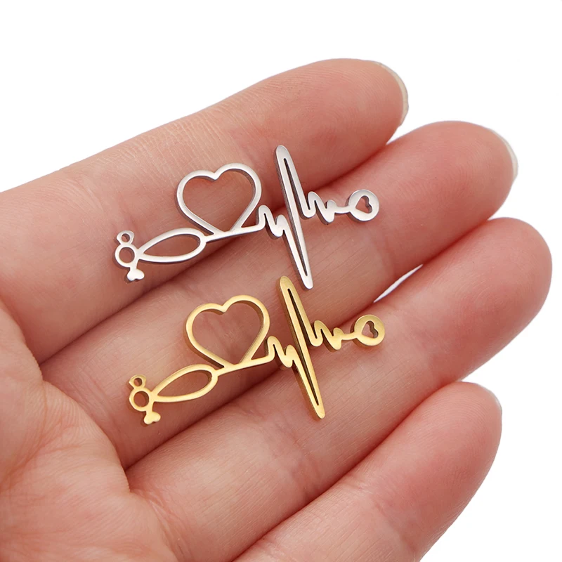 10pcs/lot Mirror Polished Stainless Steel Hollow Love Heart Electrocardiogram Charm Pendant for Women Girls DIY Jewelry Gifts