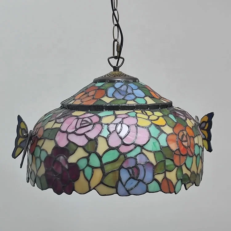 Chandelier 16-Inch Wide Multicoloured Stained Glass Two-Color Flower Lampshade Pendant Lights Halogen/LED