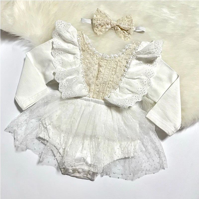 Baywell Newborn Infant Baby Girls Clothes Long Sleeve Lace Bodysuit Headband Lace Tutu Dress Jumpsuit Outfits Clothing