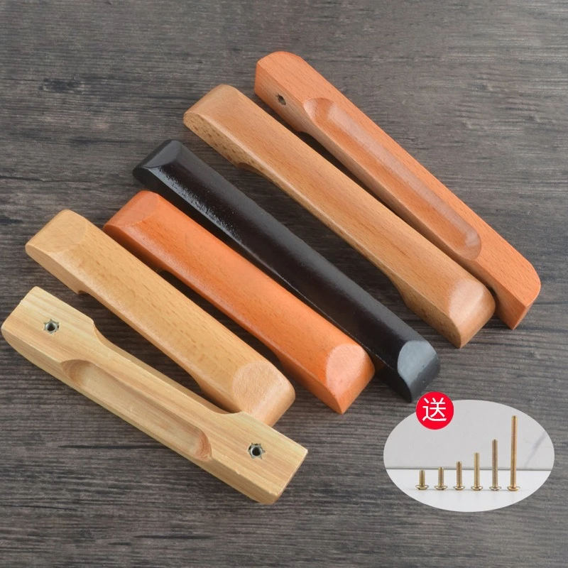 10PC Wood Handle Pull with screws 64mm/96mm/128mm Kitchen Cabinet Cupboard Door Drawer Knob Furniture Hardware Red/Nature color