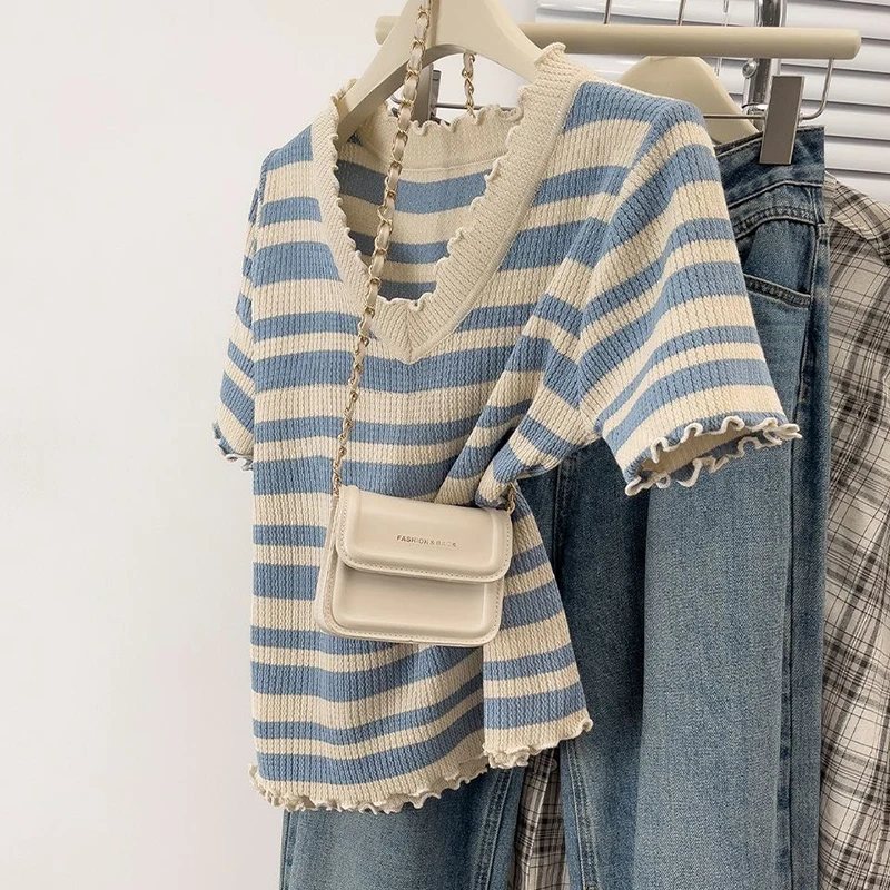 

Wood Ears Women V Neck Short Sleeve T Shirts Summer Ice Silk Striped Print Fashion All-match 2xl Oversized Clothing Black Blue