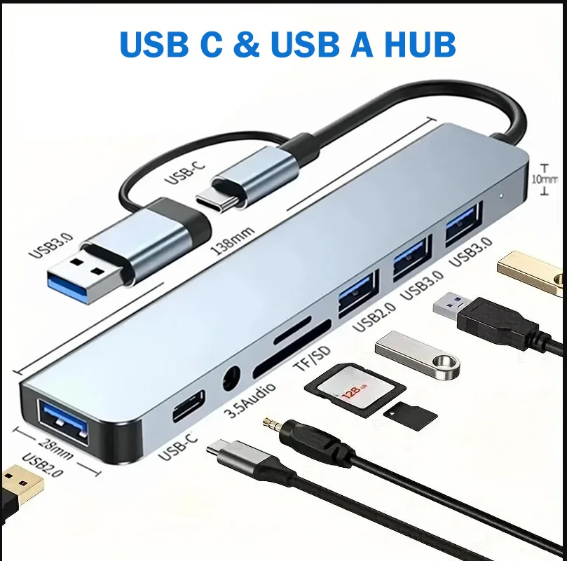 USB Type A Type C 8-IN-1 HUB Dock Station USB 3.0 5Gbps USB Splitter Type C TF/SD-kaartlezer 3,5 mm audio voor telefoon Laptop Tablet